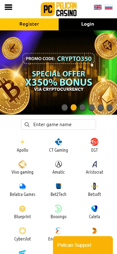 Pelican Casino home interface on a mobile device