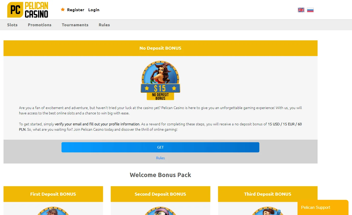 Pelican Casino promotions interface on a desktop device
